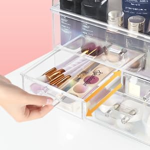 Cosmetic Organizer,Large Acrylic Makeup Storage Organizer Transparent Display Case with Drawers and Closable Lid, Dustproof Waterproof Box for Bathroom Counter Dresser, Lipsticks, Brushes (Clear-L)