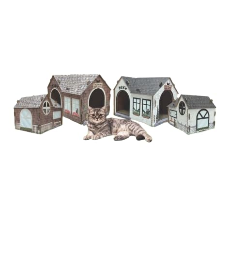 40EAST Cardboard Cat House Hideaway Playhouse with Cat Scratcher Scratching Pad_Cat Haven. (601, CH1, PAA230601)