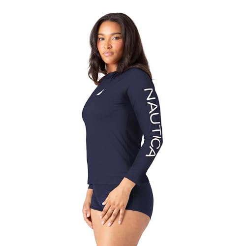 Nautica Women's Rashguard – Quick-Dry, UPF Protection, Swim Shirt, Pool, Beach, Hiking, Yoga, Volleyball, Navy, Medium