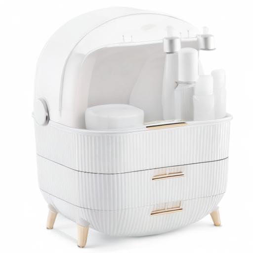 Navaris Makeup Organizer Storage Box - Cosmetics, Skincare and Beauty Case with Clear Lid Display and 2 Drawers - Bathroom Counter or Vanity - White