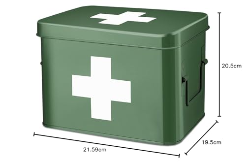 Flexzion First Aid Box Organizer, Empty 8.5 Inch Green Vintage First Aid Kit Tin Metal Medical Box First Aid Storage Box Container Bins with Dividers, Removable Tray and Cross Logo