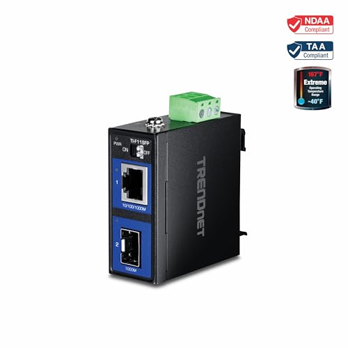 TRENDnet Hardened Industrial 100/1000 Base-T to SFP Media Converter, DIN-Rail and Wall Mount Hardware Included, Multi Or Single Mode Fiber, Power Supply Sold Separately, Black, TI-F11SFP