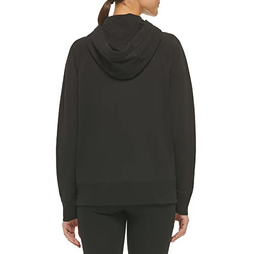 DKNY Women's Logo Drawstring Zip Up Hoodie, Activewear Sweatshirt, Black, Medium