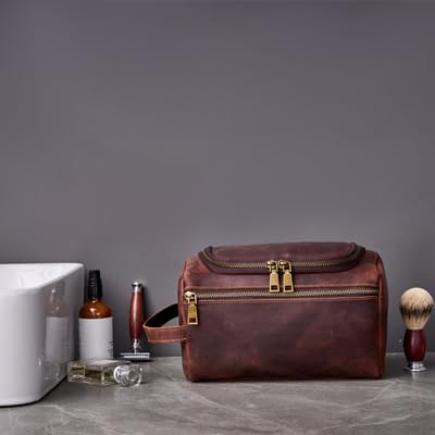 EURYNOME Leather Unisex Toiletry Bag Travel, Genuine Leather Shaving Dopp Kit - Leather Mens Toiletry Bag With Hook -Leather Makeup Cosmetic Organizer Kit - Men Travel Toiletries Bag Groomsmen Gift,