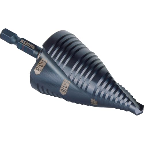 Klein Tools QRST15 Step Drill Bit, Quick Release Spiral Double-Fluted, 7/8 to 1-3/8-Inch, Hex Shank, Cut Steel, Wood, Plastic, Aluminum