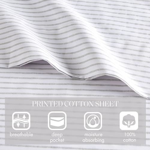 Madison Park 100% Cotton Sheets, Breathable & Soft Cotton Bed Sheets, Printed Design, Elastic Pocket Cotton Sheet Set Fits Up to 17" Mattress, All Season, Queen Gray Stripes 4 Piece