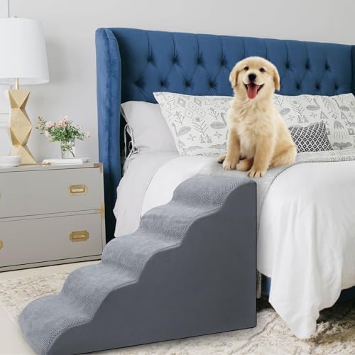MOOACE 5 Steps Dog Stairs for Beds and Couches, Pet Stairs Rampwith High Density Expand Immediately Foam, Washable Cover and Pet Hair Remover Roller - Reduce Stress on Pet Joints/Easy to Walk