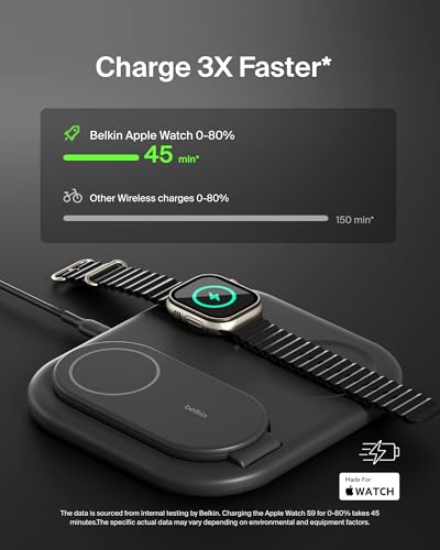 Belkin 3-in-1 MagSafe-Compatible iPhone Charger 15W, Foldable Magnetic Qi2-Certified Wireless Charging Station for iPhone 17, Apple Watch Series 10, AirPods 4, and More, w/Non-Slip Base & PSU - Black