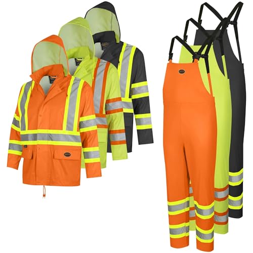 Pioneer Hi Vis Waterproof Lightweight Rainsuit - Work Safety Hooded Jacket and Bib Pants - Adjustable Pant Length - Hi Vis Orange