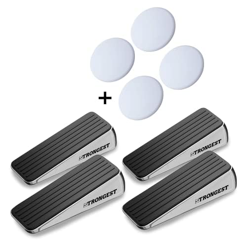 Strongest Home Heavy Duty Door Stopper Wedge (4 Chrome PCs) | Non-Slip Rubber and Metal Door Stop for Heavy Doors| Work on Wood, Tile, Carpet + 4 White Wall Protectors