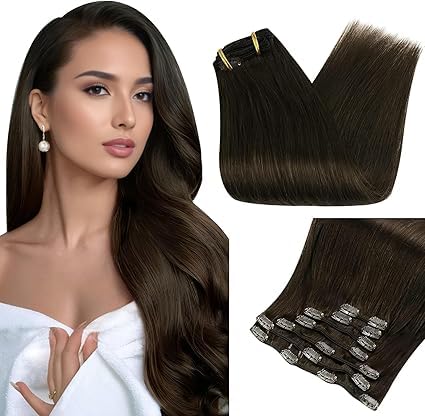 Fshine Clip in Hair Extensions Human Hair 20 Inch Clip in Extensions Color 2 Darkest Brown Double Weft Hair Extensions 100 Gram Full Head Clip in Real Hair 7 Pcs