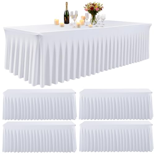 5 Pack White Spandex Fitted TableClothes for 6 Foot Rectangle Tables, Stretchy Long White Table Cloth Rectangle Tablecloth 6ft Fitted Table Cover Skirt for Weddings Birthday Party Banquet Baby Shower