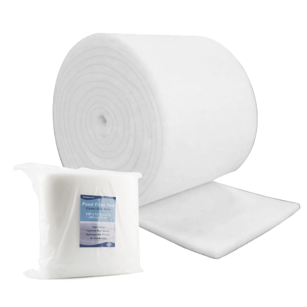 White Koi Pond Filter Pad Fine Bulk Roll- Cut to Fit - Durable Fish Pond Filter Media - Water Garden Aquariums Filter Material - 118" (9.8 ft) x 12" x 3/5" - 4/5" Thickness