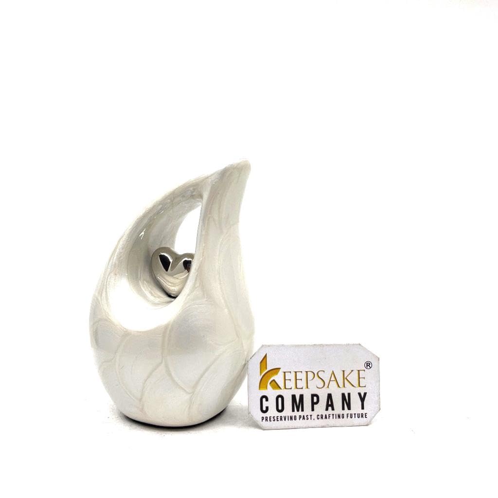 White Tear Drop Small/Mini Urn for Human Ashes With Silver Heart (3 Inch Height) - Unique Decorative Keepsake Cremation Urn for Small Pets - ERN