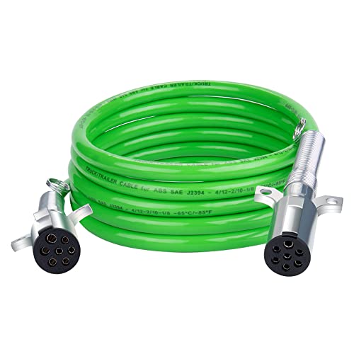 CheeMuii 7 Way Trailer Cord 15 FT ABS Electrical Power Cord Heavy Duty Green Straight Power Wire Cable for Semi Trucks Trailers Tractors