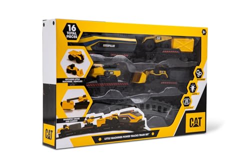 CAT Construction Toys, Little Machines Power Tracks Battery Operated Train Set, Engine with Working Headlight, 3 Rail Cars, Working Crane, 2 Magnetic Cargo Containers, and 2 CAT Trucks for Kids