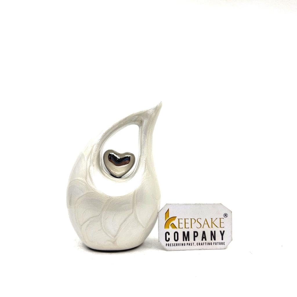 White Tear Drop Small/Mini Urn for Human Ashes With Silver Heart (3 Inch Height) - Unique Decorative Keepsake Cremation Urn for Small Pets - ERN