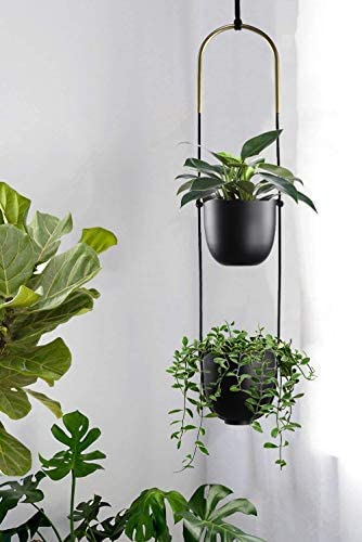 ABETREE Modern Metal Hanging Planter for Indoor Outdoor Plants with Hook 2 Tier Boho Wall and Ceiling Flower Pots Baskets Holder Home Office Decor(Black)