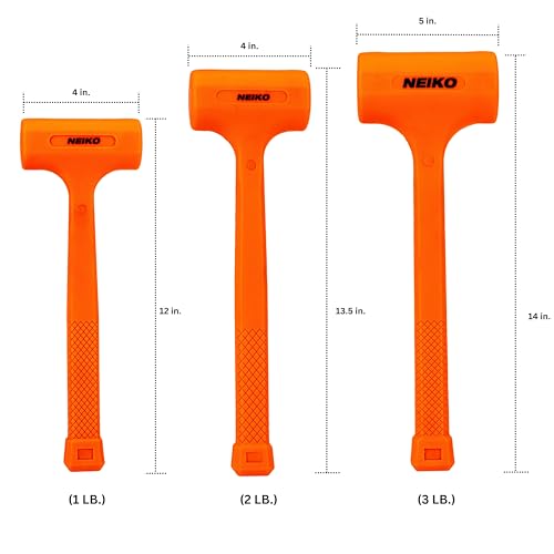 NEIKO 02888A Dead Blow Hammer Set, 3pc Neon Orange Deadblow Mallet, 1lb, 2lb, 3lb Hammers, Spark and Rebound Resistant, Unibody Molded, Checkered Grip