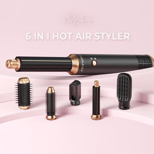 Atopskins Hair Dryer Brush 6-in-1, Blow Dryer Brush Fast Drying, Wrap Curling Iron Frizz-Free with Negative Ionic 3 Temperature Hot Air Styler Straightener, Volumizer, Gift for Women (Black)