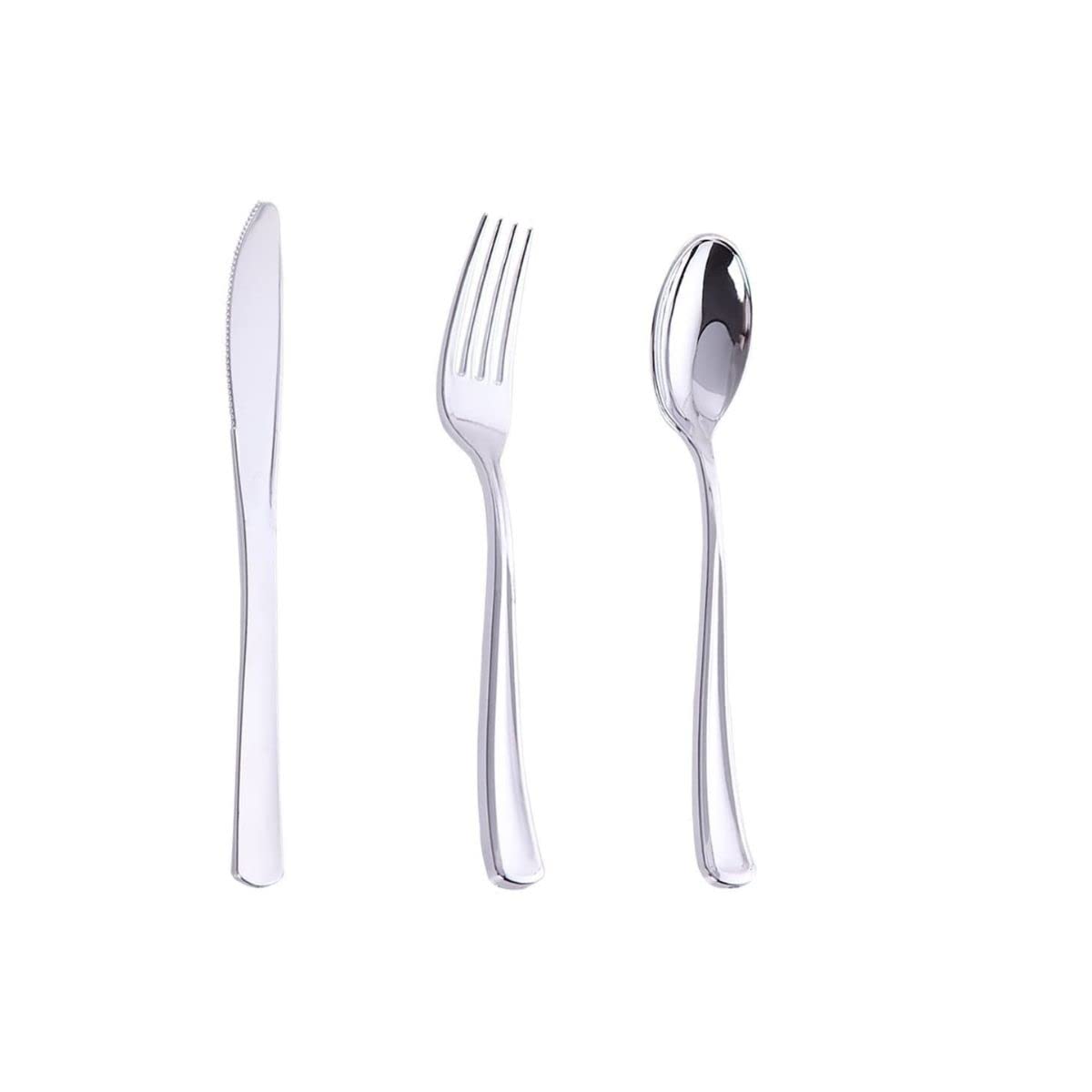M Honor 50 Place Silver Plastic Silverware for Weddings, Parties, Dinners. 150 Piece Set, Service for 50. Reusable Silverware Sets. Forks, Knives and Spoons