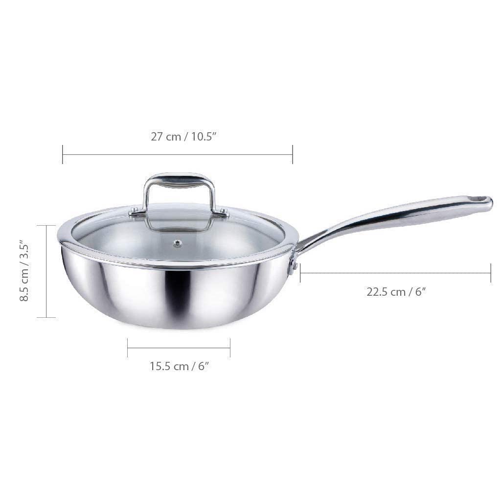 QX LIVING Stainless Steel Tri-Ply Clad Wok, Your Every Day Frying Pan with Tempered Glass Lid, 10 Inch Diameter, 1.6kg Wok Body Weight, All Stove Types (Stainless Steel Wok)