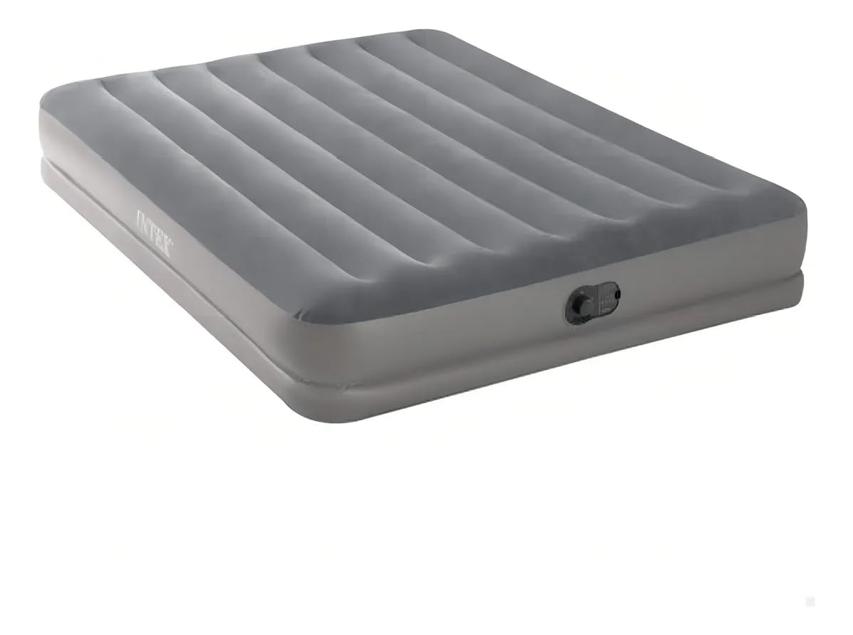 INTEX 64114E Dura-Beam Standard Prestige Air Mattress: Fiber-Tech – Queen Size – Built-in USB Electric Pump – 12in Bed Height – 600lb Weight Capacity