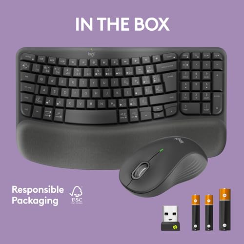 Logitech Wave Keys MK670 Combo, Wireless Ergonomic Keyboard with Signature M650 L Wireless Mouse, Comfortable Natural Typing, Bluetooth, Logi Bolt, for Multi-OS, Windows/Mac, French Layout - Graphite