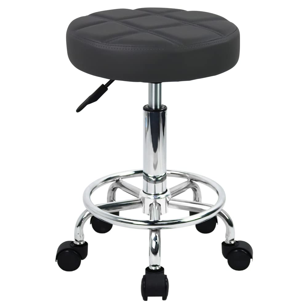 WKWKER Round Rolling Stool with Footrest PU Leather Height Adjustable 360° Swivel Stool with Wheels Office Stool Chair Home Drafting Work Studio Shop SPA Salon Small (Grey)