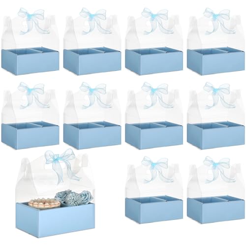 Honeydak 10 Kit 4 Inch Cake and Flower Clear Boxes, Portable Clear Gift Box for Cake and Flower Pack Together, Transparent Gift Packaging with Ribbon, Suitable Wedding Holiday Party Favors(Blue)