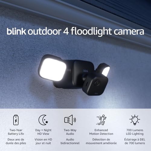 Blink Outdoor 4 Floodlight Camera (newest model), Wire-free smart security camera, 700 lumens, two-year battery life, HD live view, enhanced motion detection, Works with Alexa - 1 camera system