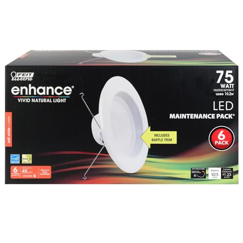 Feit Electric LEDR56B/927CA/MP/6 5/6 inch LED Recessed Downlight, Baffle Trim, Dimmable, 75W Equivalent 10.2W, 925 LM Retrofit kit, 5-6 in 75 Watt, 2700K Soft White, 6 Count