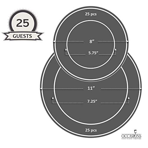 " OCCASIONS" 50 piece (25 guest) Extra Heavyweight Vintage Wedding Disposable/Reusable Plastic Plates (25 x 11'' dinner + 25 x 8.25'' salad/dessert) Chateau Collection in White