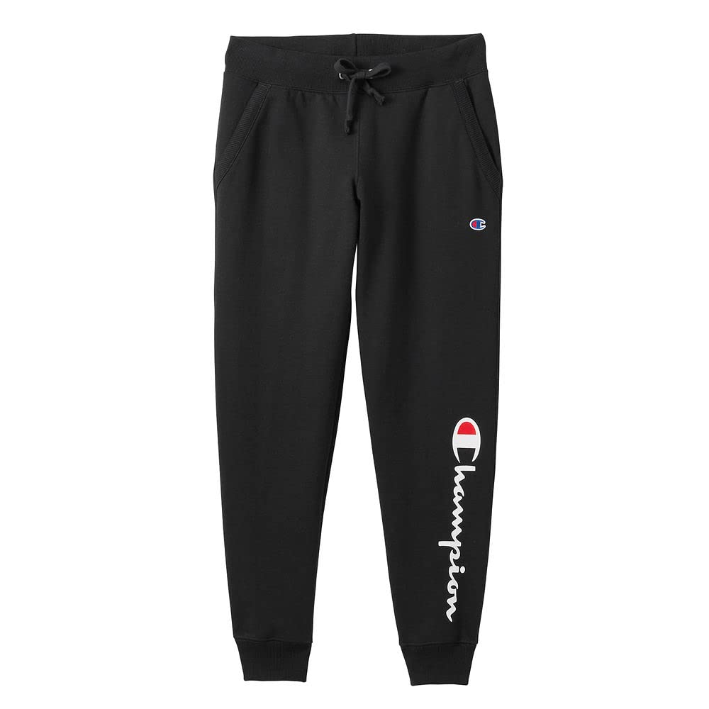 Champion Women's Fleece Joggers, Standard Fit, Midweight, Script & C Logo, Available in Regular and Plus, Black - Classic Script Logo, Large