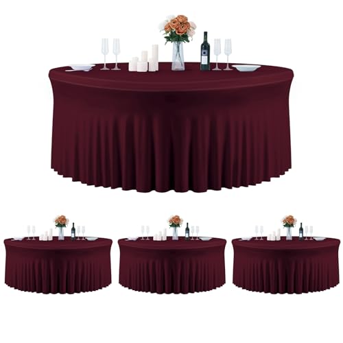 4 Pack Burgundy Round Tablecloth, Fitted Tablecloths for 6 FT Round Tables, Polyester Fabric Burgundy TableCloth Circle Table for Wedding Photography Party Professional Events Juneteenth Decorations