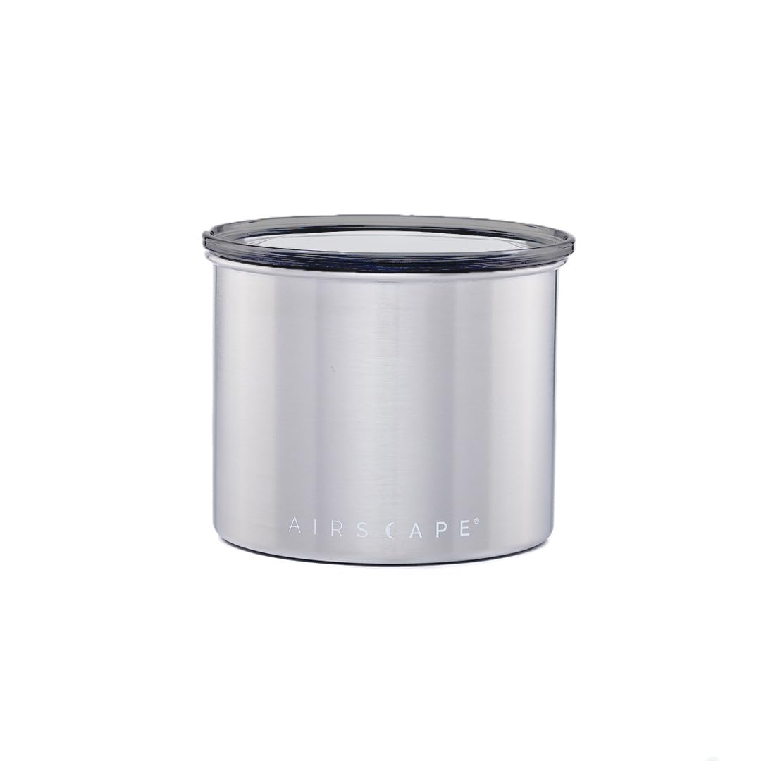 Airscape Stainless Steel Coffee Canister | Food Storage Container | Patented Airtight Lid | Push Out Excess Air Preserve Food Freshness (Small, Brushed Steel)