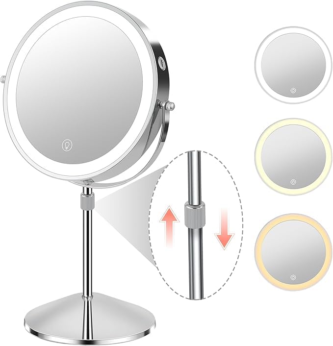 BTremary 20X Make Up Mirror with Lighting Adjustable Height, 8” Magnifying Mirror with Lights, 2500mAh Illuminated Makeup Mirror 360 Rotation Light Up Mirror for Detail Makeup in Bathroom/Bedroom.