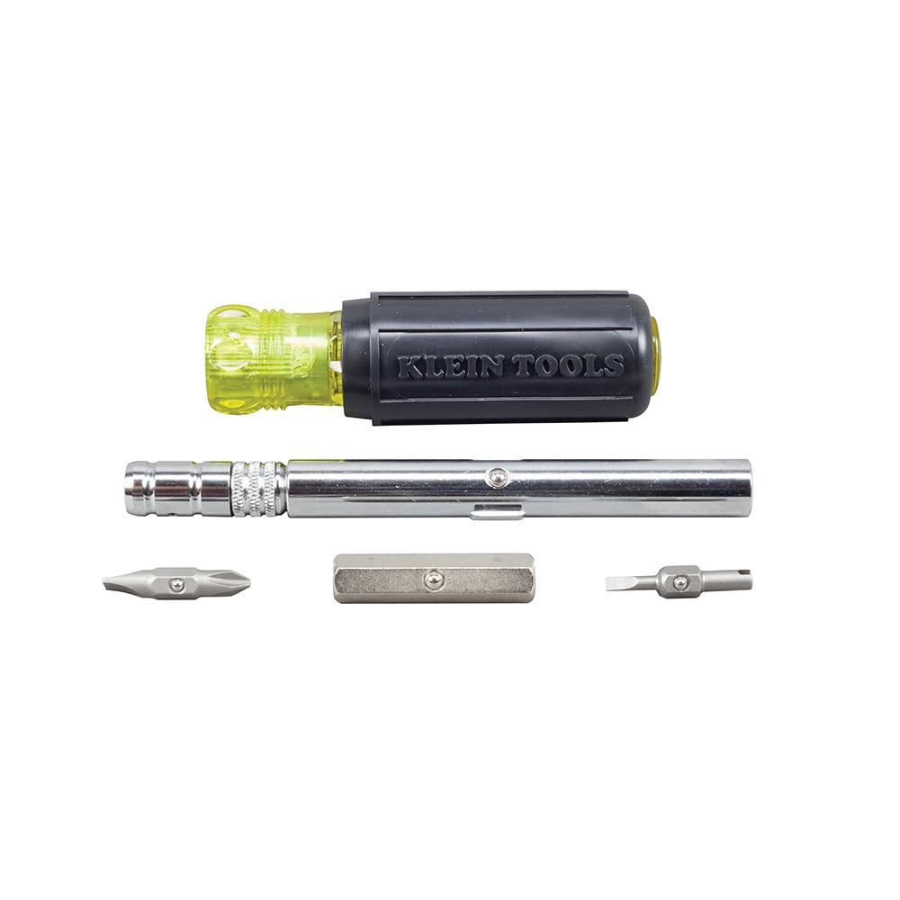 Klein Tools 32596 Multi-Bit Screwdriver/Nut Driver, Magnetic 8-in-1 HVAC Slide Drive Tool with Hex, Phillips, Schrader Bits, Nut Drivers