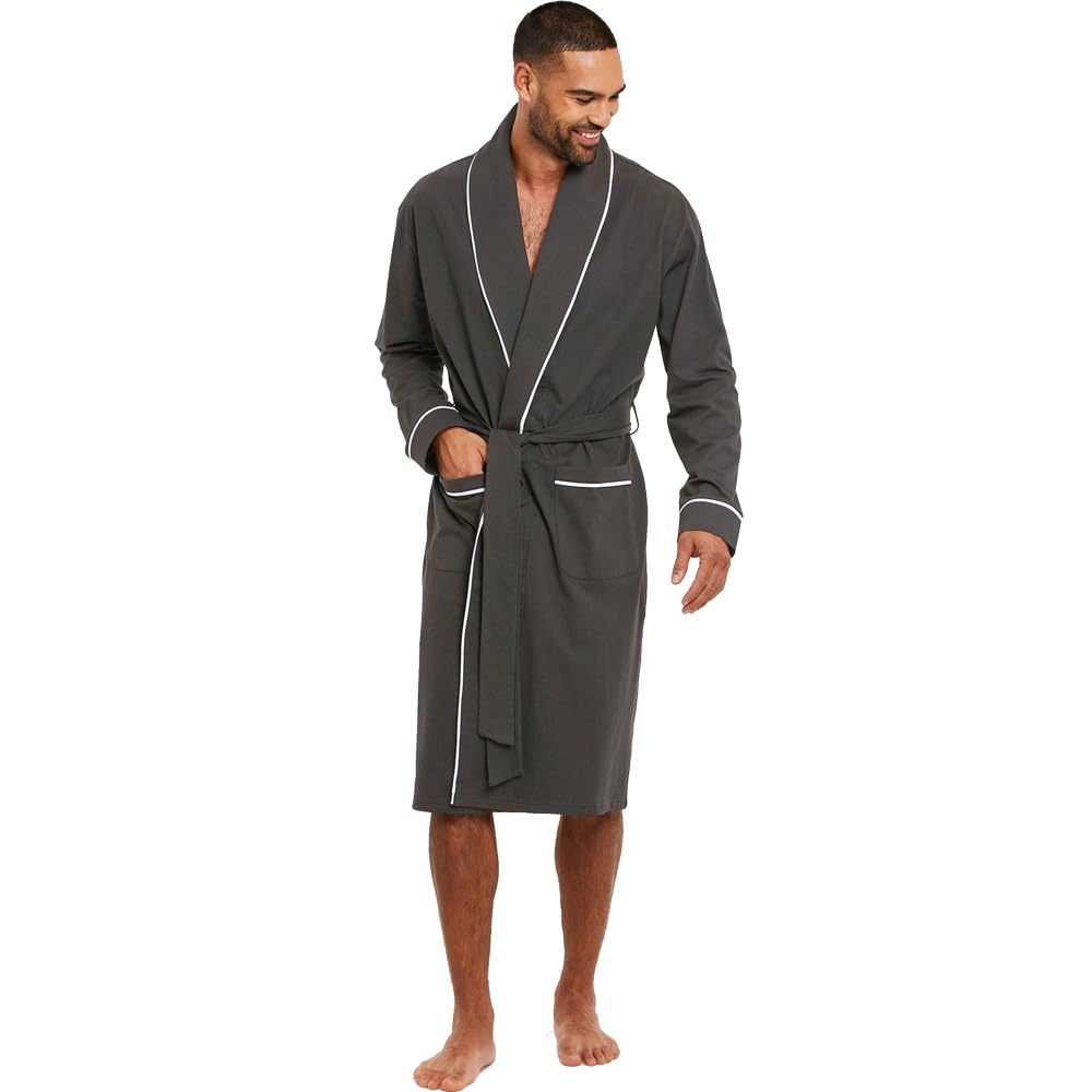 HOLOVE Men's Pure Cotton Batshrobes Lightweight Kimono & Hooded Robes Spa Soft Sleepwear, Iron-gray, XX-Large-3X-Large