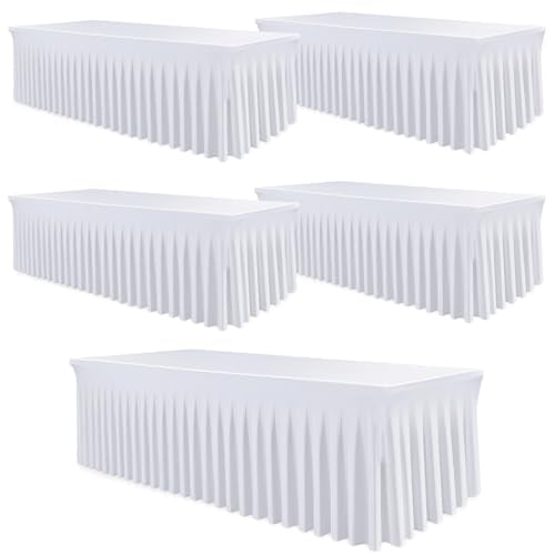 5 Pack White Rectangle Spandex Tablecloths for 60in Tables, 120Inch Stretchy Fitted 5FT Rectangle Table Clothes,Wrinkle Free Table Cover with Skirt for Wedding Party Dining Banquet