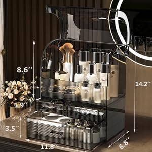 Makeup Storage Organizer, X-Large Acrylic Cosmetics Organizer Skincare Display Case with Drawers, Perfume Makeup Organizer Box with Waterproof Cover for Countertop, Bathroom, Dresser(Black-XL)