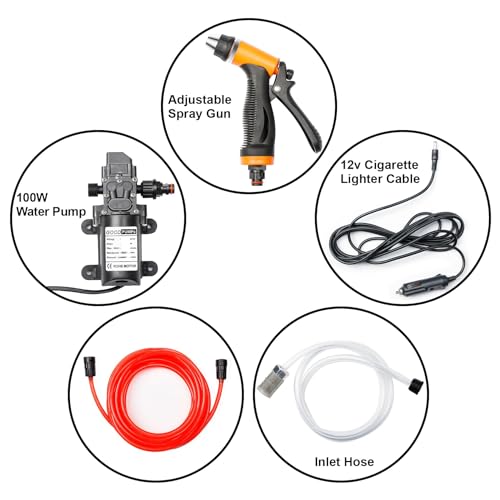 Bang4buck Portable Electric Pressure Washer Pump 100W 160 PSI 12V High Pressure Powerful Washing Kit with 22 Inch PVC Hose for Home Garden Vehicles Projects(100 W-Black hose)