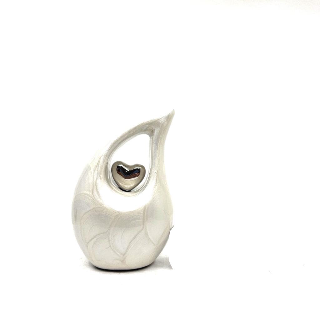 White Tear Drop Small/Mini Urn for Human Ashes With Silver Heart (3 Inch Height) - Unique Decorative Keepsake Cremation Urn for Small Pets - ERN