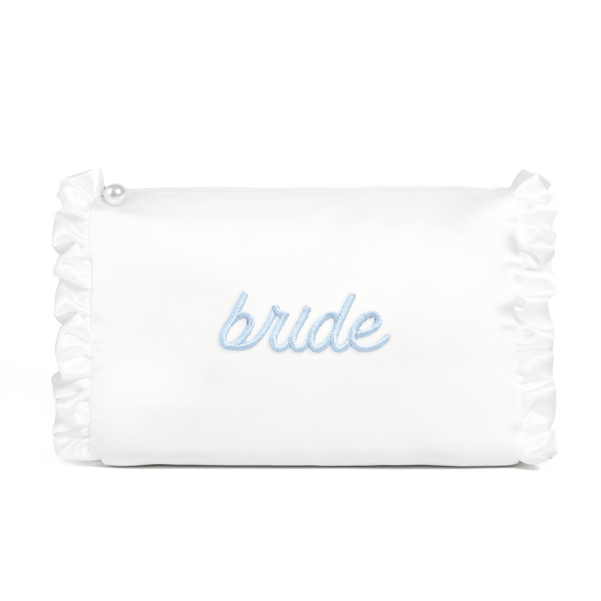 xo, Fetti White Satin Bride Cosmetic Bag | Bachelorette Party Decorations, Bride To Be Purse, Bridal Shower Accessory, GRWM Makeup Bag, White, Ruffle