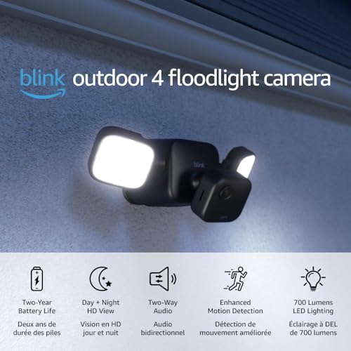 Blink Outdoor 4 Floodlight Camera (newest model), Wire-free smart security camera, 700 lumens, two-year battery life, HD live view, enhanced motion detection, Works with Alexa - 1 camera system