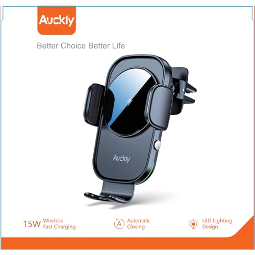 Auckly Qi 15W Car Phone Holder Wireless Charger, [270 ° Automatic Clamping], Wireless Car Charger Mount, Air Vent, Compatible for iPhone 12/13/14/15/16 Series&Samsung, Electromagnetic Induction, Black