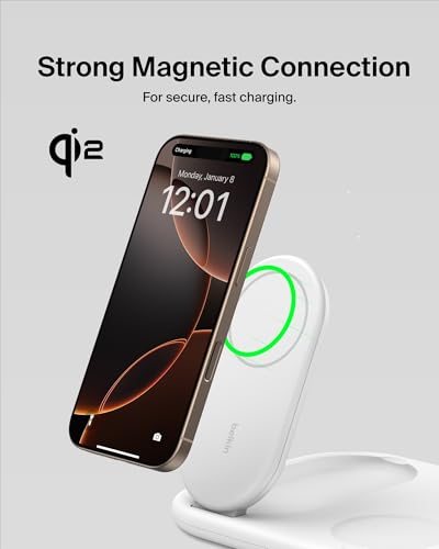 Belkin 3-in-1 MagSafe-Compatible iPhone Charger 15W, Foldable Magnetic Qi2-Certified Wireless Charging Station for iPhone 17, Apple Watch Series 10, AirPods 4, and More, w/Non-Slip Base & PSU - White