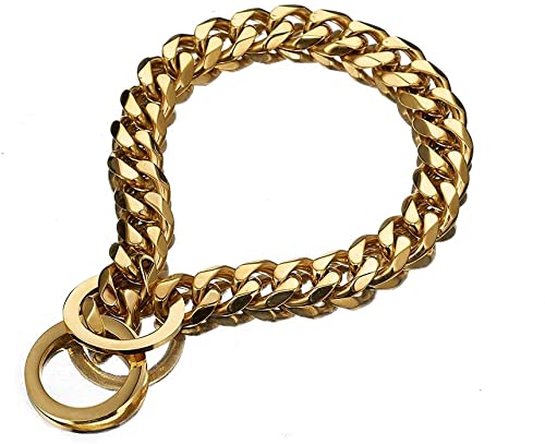 RUMYPET Gold Dog Collar 18K Gold NK P Chain 11MM/15MM/19MM Cuban Link Chain Collar Walking Trainning for Small Medium Large Dogs 12inch to 26inch(15mm,26inch)