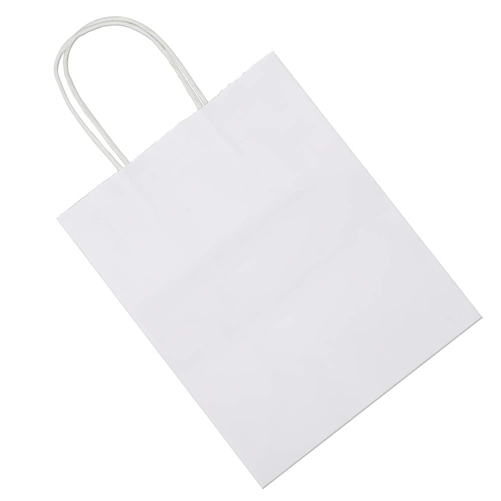 bagmad 100Pcs Pack 8x4.75x10 inch Medium White Kraft Paper Bags with Handles Bulk, Gift Bags, Craft Grocery Shopping Retail Birthday Party Favors Wedding Sacks Restaurant Takeout, Business (100)