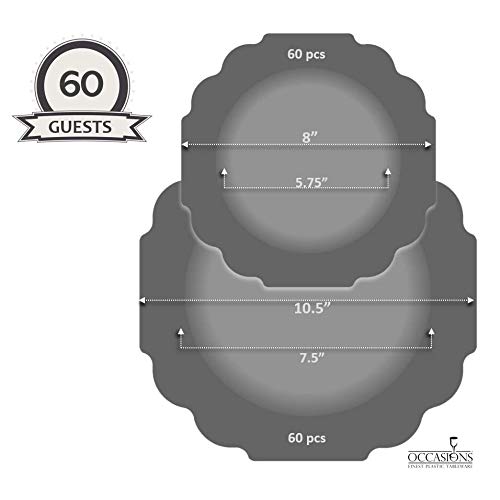 " OCCASIONS " 120 Plates Pack,(60 Guests) Heavyweight Premium Wedding Party Disposable Plastic Plates Set -60 x 10.5'' Dinner + 60 x 8'' Salad/Dessert (Imperial in White/Blue & Silver)